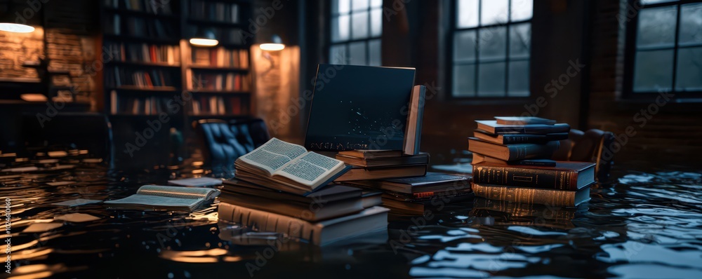 Fototapeta premium A flooded study room is filled with waterlogged books and furniture