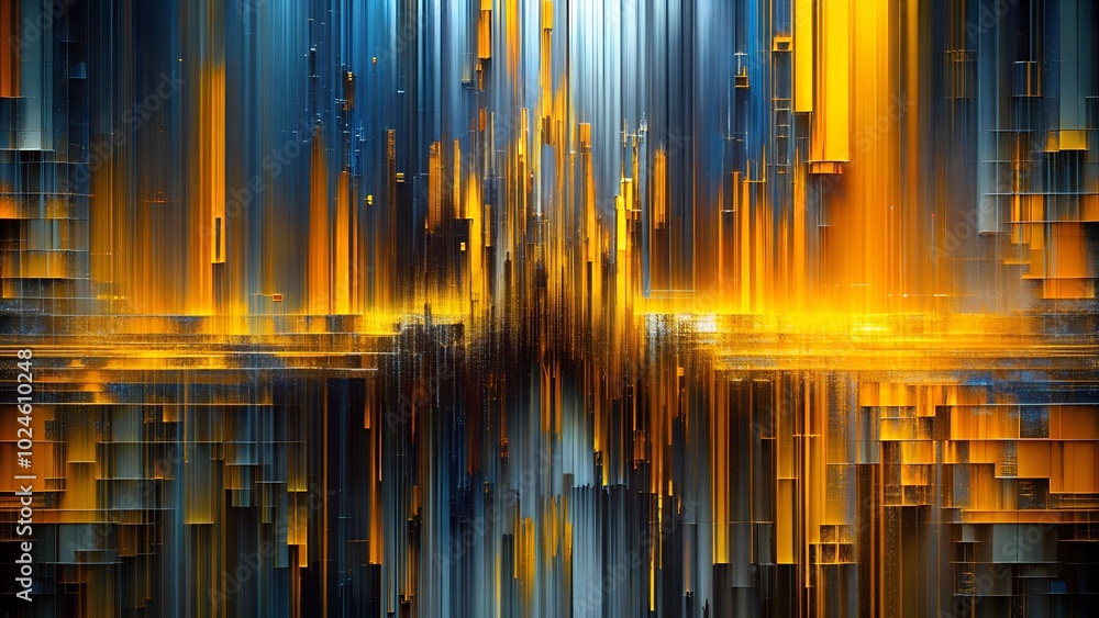 Obraz premium Dynamic abstract composition of vertical lines and blocks in orange and blue tones
