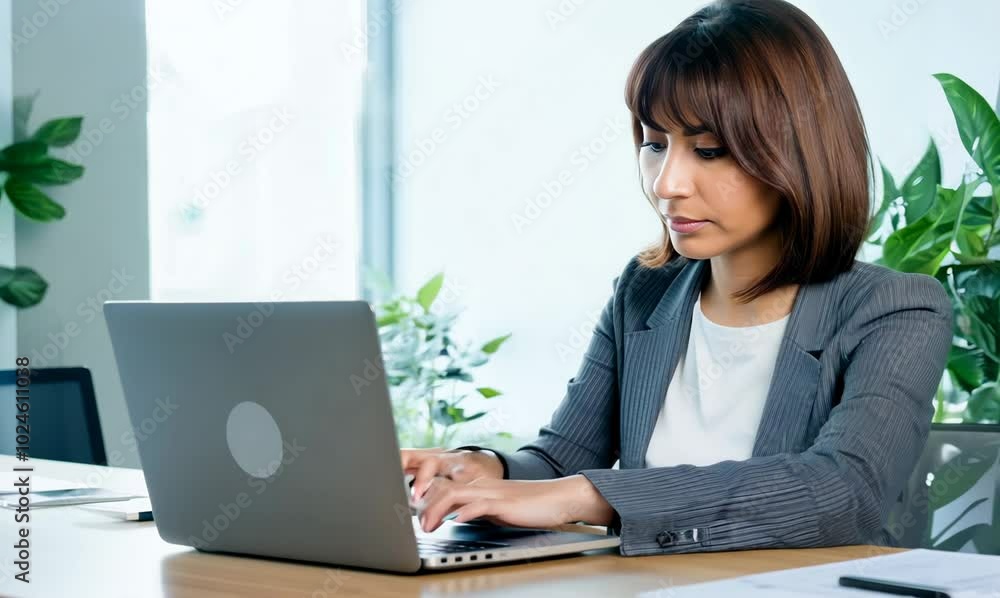 British Woman Working on Laptop in Modern Office British Woman Working on Laptop in Modern Office