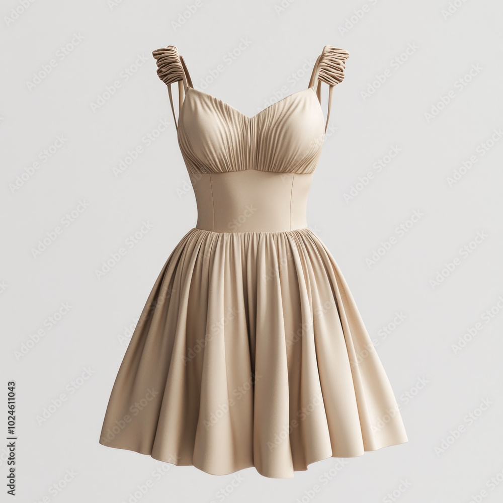 Beige dress with V-neckline, pleated skirt, and floral embroidery, hanging on a hanger against a white wall with soft natural lighting. Beige dress with V-neckline, pleated skirt, and floral embroidery, hanging on a hanger against a white wall with soft natural lighting.