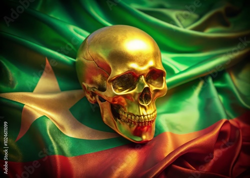 Surreal Shimmering Golden Skull Overlay on Mauritania Flag - Artistic Interpretation photo