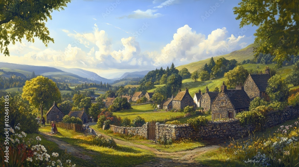 Fototapeta premium A small village nestled in a valley, surrounded by lush