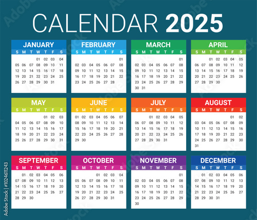 colorful Calendar 2025 Full Editable, Eps Vector