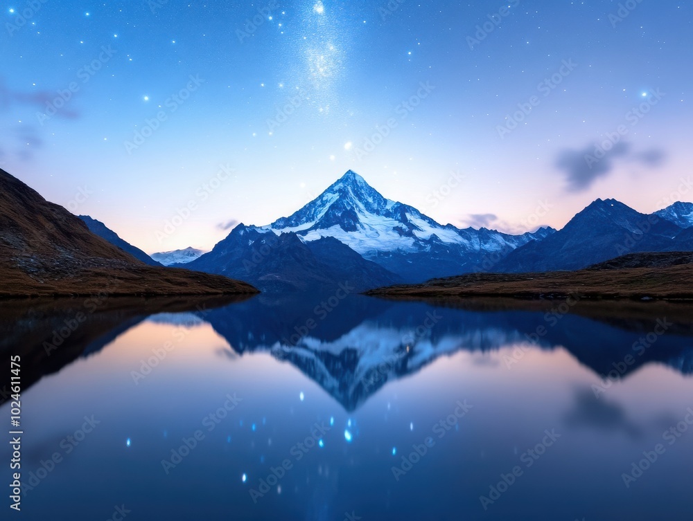 Naklejka premium Serene mountain landscape with a clear reflection in still water under a starry sky at dusk.
