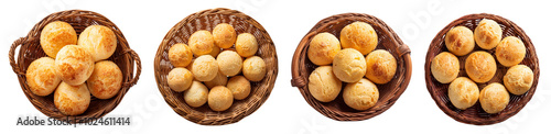 Four bowls filled with golden, fluffy cheese balls on white background.