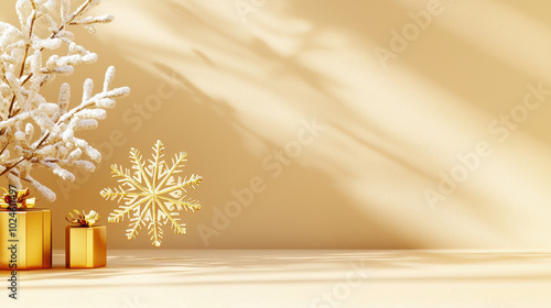 Elegant winter scene with golden gifts and snowflake ornament, featuring frosted branches on a soft beige background