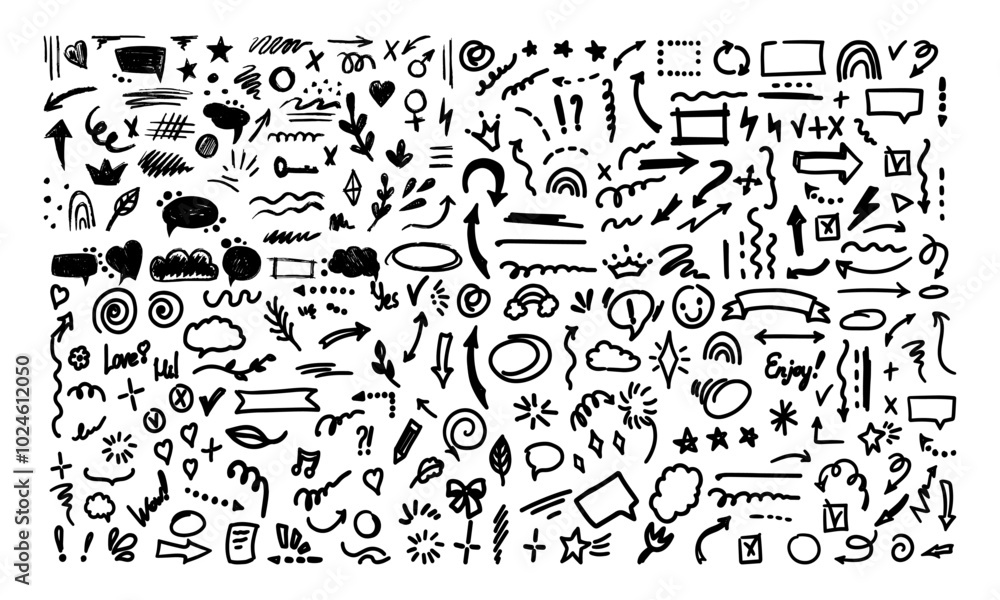 Obraz premium Hand-drawn pencil color brush elements, brush with crayon effect, chalk texture.Vector illustration in children's style. Crayon brush scribble, square, spiral, arrow.