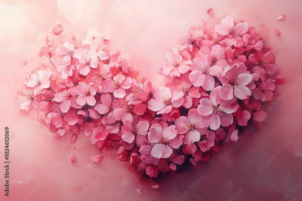 Fototapeta premium watercolor cherry blossom explosion petals forming heart shape soft pink and white palette delicate brushwork romantic atmosphere