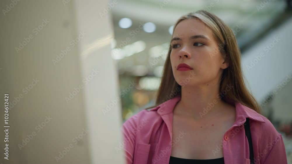 Lady in pink dress with black handbag intensely focused on using a screen in a brightly lit mall,background features blurred lights and escalators, and she appears deep in concentration with her task Lady in pink dress with black handbag intensely focused on using a screen in a brightly lit mall,background features blurred lights and escalators, and she appears deep in concentration with her task