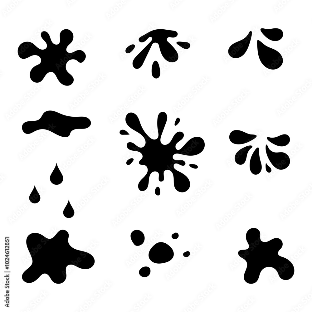 Fototapeta premium Set of Water drops. Black Liquid doodle elements, cry droplet icons collection. Ink, sauce, blood, river splashes and fluid. Vector illustration isolated on white background