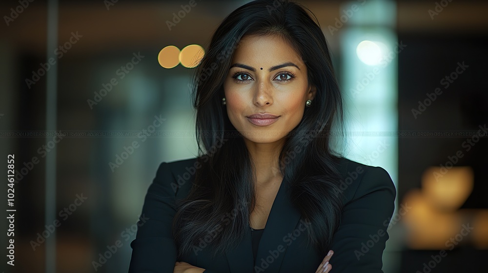 Confident Indian Businesswoman Presenting on Dark Background Confident Indian Businesswoman Presenting on Dark Background