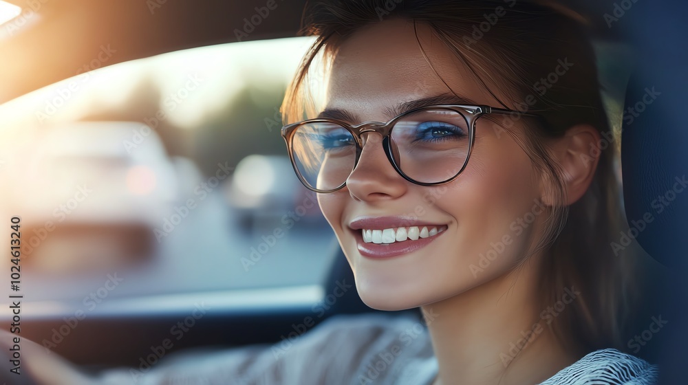 Young woman with glasses smiling and driving a car, enjoying a sunny day on the road. Moments of happiness and freedom. Young woman with glasses smiling and driving a car, enjoying a sunny day on the road. Moments of happiness and freedom.