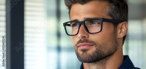 Young businessman with glasses looking confident and focused, deep in thought in a modern office setting.