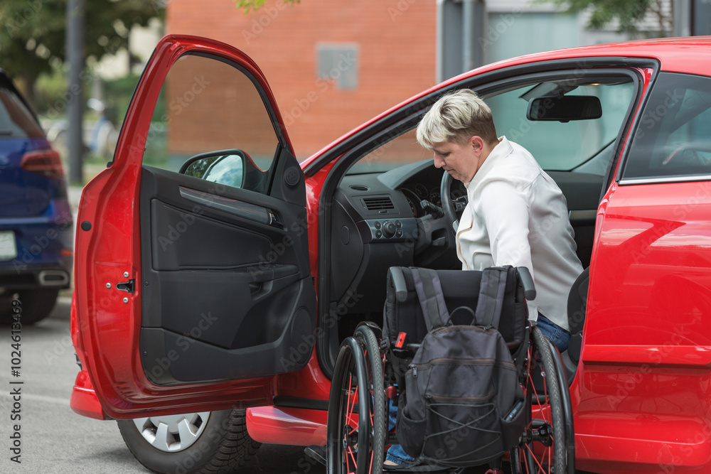 Female driver with disability entering a car, a wheelchair user on the way to work. Concepts of accessibility, transport, and safety. Female driver with disability entering a car, a wheelchair user on the way to work. Concepts of accessibility, transport, and safety.