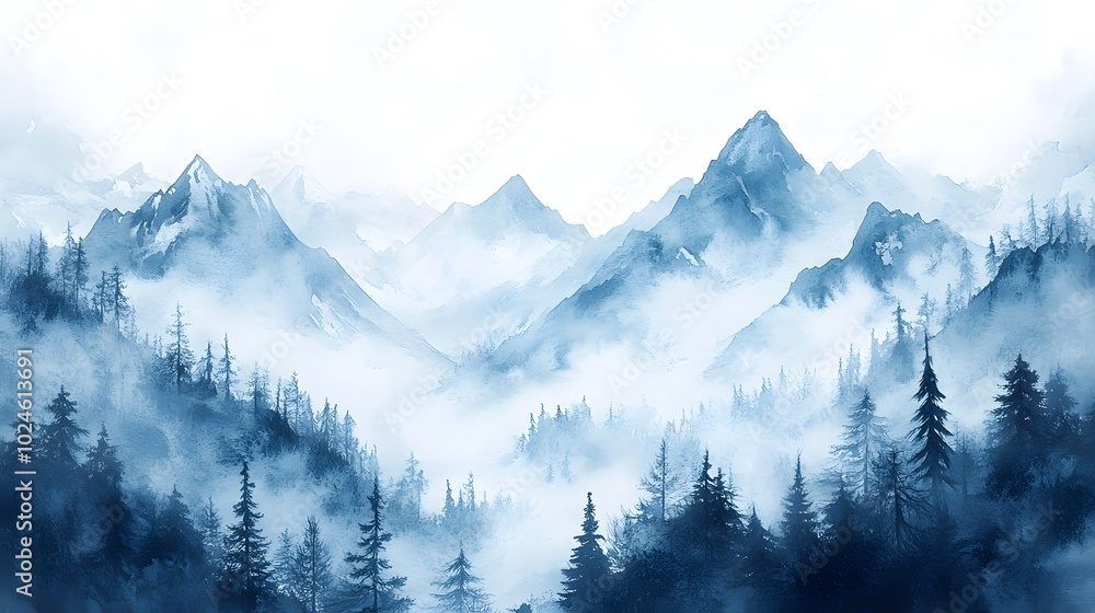 Fototapeta premium Landscape painting in the style of Chinese ink painting, with blue mountains and forests in the fog, set against a white background