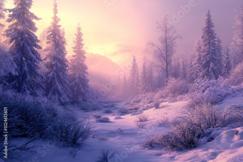 A snowy forest path with a pink sky at sunset.