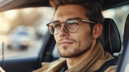 Confident young man with glasses sitting in a car, looking out the window. Ideal for business, lifestyle, and modern lifestyle concepts.