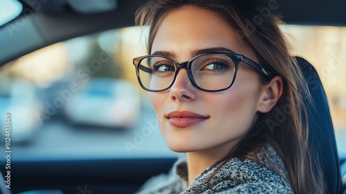 Confident woman with glasses sitting in a car, looking out the window, wearing a grey coat. Beautiful fall morning with blurry background.