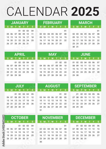 Calendar 2025 Full Editable, Eps Vector Green