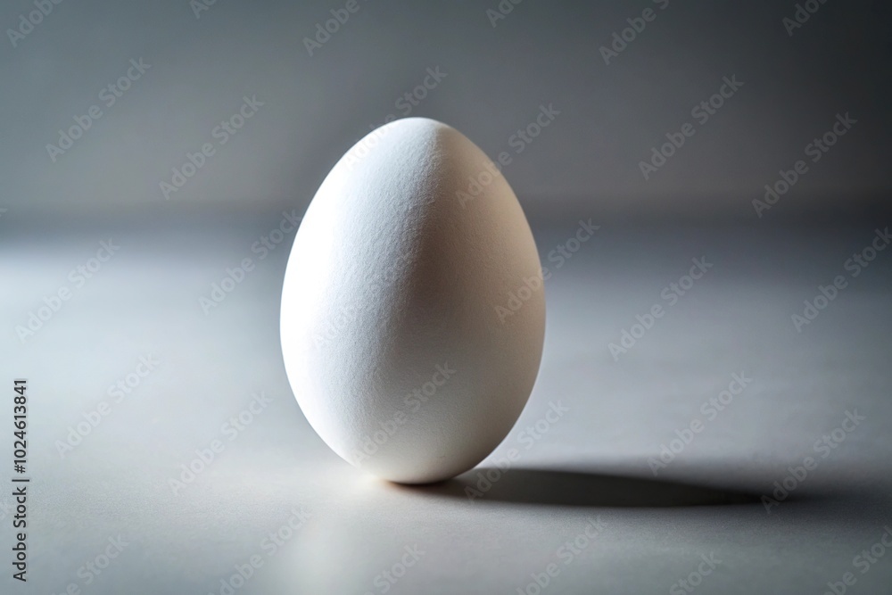 Simple and minimalist stock photo of a single white egg on white and grey background Simple and minimalist stock photo of a single white egg on white and grey background