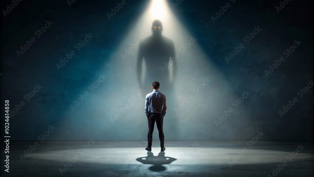 A person standing in a spotlight, but a large, dark, looming shadow behind them A person standing in a spotlight, but a large, dark, looming shadow behind them