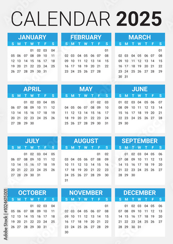 Calendar 2025 Full Editable, Eps Vector Cyan