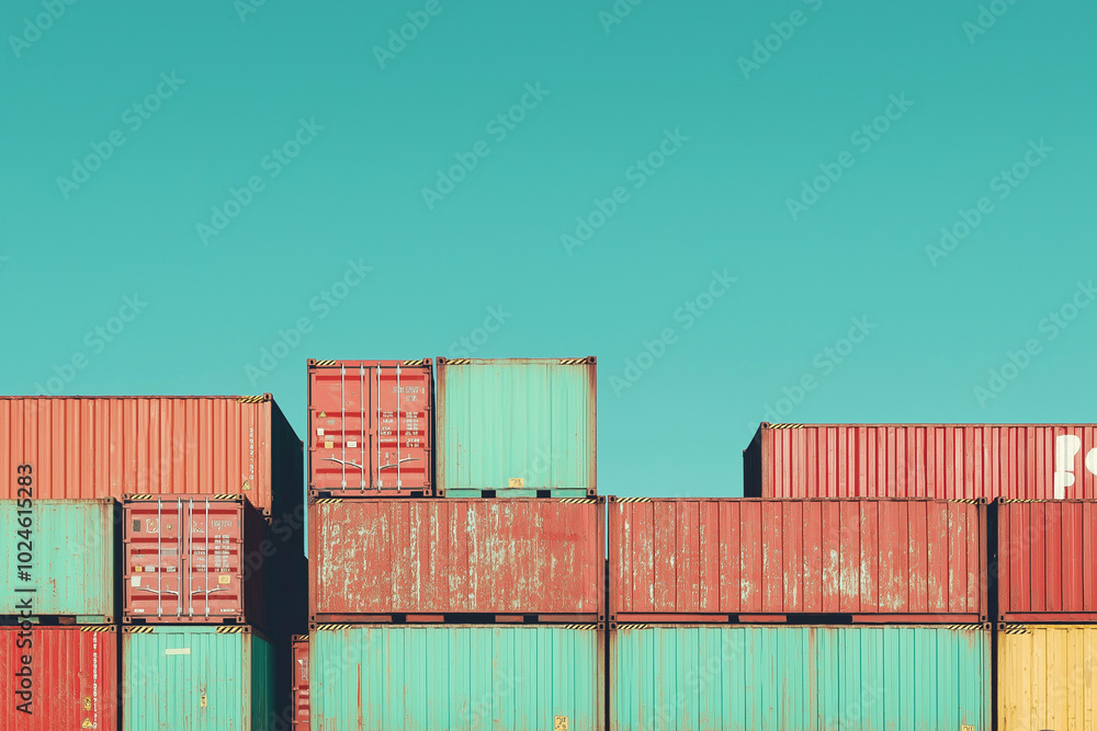 Fototapeta premium Stacked shipping containers against clear blue sky showcase efficient cargo management at a bustling port