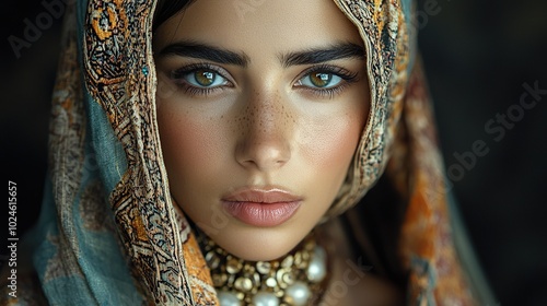 Syrian Woman in Traditional Headscarf and Jewelry