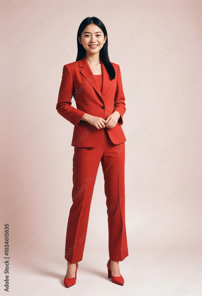 Confident Woman in Red Suit Standing and Smiling Confident Woman in Red Suit Standing and Smiling
