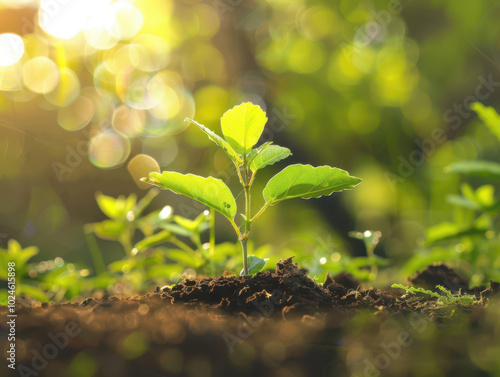 Young Seedlings Growing in Sunlit Soil