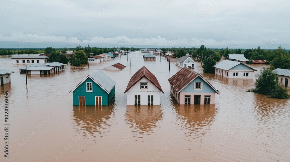 Houses submerged in floodwaters, showcasing the impact of natural disasters. Houses submerged in floodwaters, showcasing the impact of natural disasters.