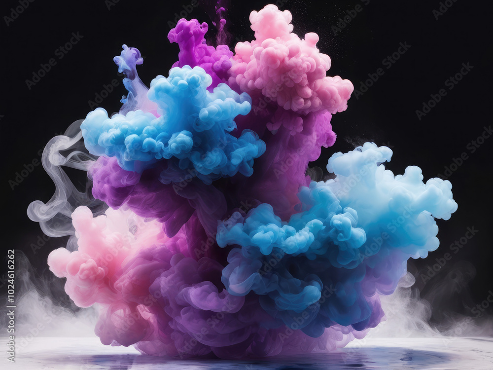 Acrylic color pigment and ink cloud in water. Abstract smoke on white background with copy space. Fancy dream cloud of ink underwater. Purple, blue and pink colors Acrylic color pigment and ink cloud in water. Abstract smoke on white background with copy space. Fancy dream cloud of ink underwater. Purple, blue and pink colors