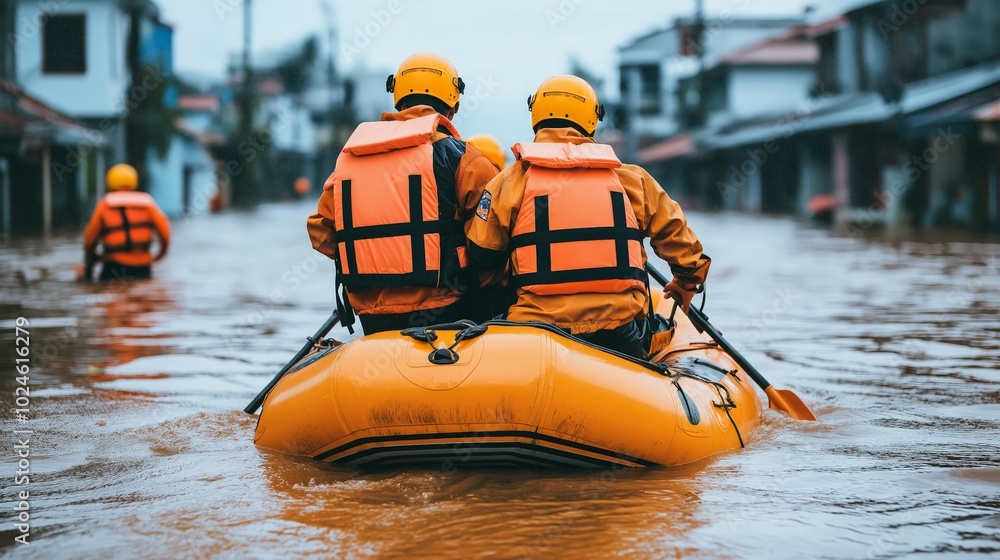 Rescue team navigating flooded streets in an inflatable boat. Rescue team navigating flooded streets in an inflatable boat.