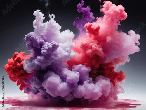 Acrylic color pigment and ink cloud in water. Abstract smoke on white background with copy space. Fancy dream cloud of ink underwater. Purple, blue and pink colors