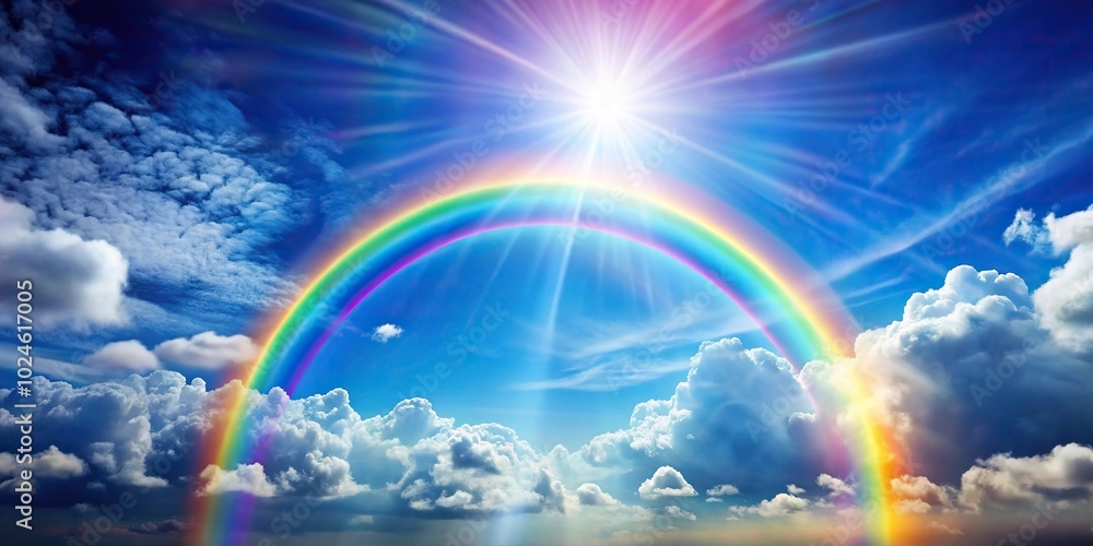 Sky landscape with clouds and sunburst with rainbow effect aerial view Sky landscape with clouds and sunburst with rainbow effect aerial view