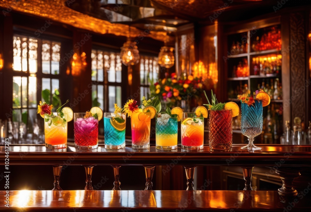 vibrant cocktail setup featuring colorful elegant artistic garnishes stunning showcase, cocktails, spirits, drinks, beverages, mixology, drinkware, glass vibrant cocktail setup featuring colorful elegant artistic garnishes stunning showcase, cocktails, spirits, drinks, beverages, mixology, drinkware, glass