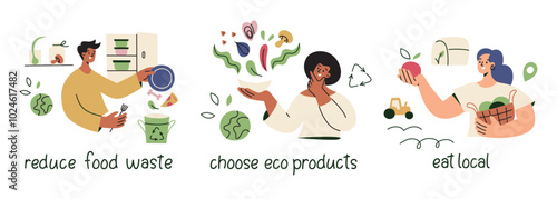 Vector illustration set of sustainability and eco friendly habits. People reducing food waste, choosing eco products, eating local food. Flat cartoon style perfect for environmental awareness designs