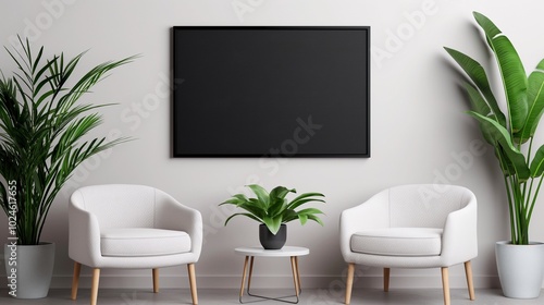Chalkboard mockup in waiting hall with cozy furniture. Blank screen in office setting template advertising image. Corporate environment with board mock up product photorealistic