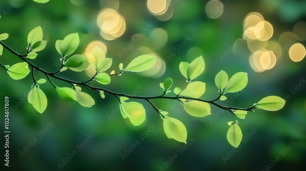 Fresh Green Leaves on Branch in Spring Forest, Natural Background with Bokeh and Sunlight Fresh Green Leaves on Branch in Spring Forest, Natural Background with Bokeh and Sunlight