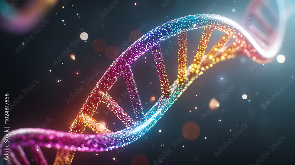 3D representation of a vibrant DNA strand shimmering with colorful lights on a dark background, symbolizing life and genetics in a visually striking composition. 3D representation of a vibrant DNA strand shimmering with colorful lights on a dark background, symbolizing life and genetics in a visually striking composition.