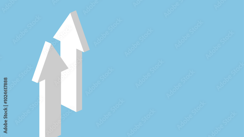 Two white 3d arrows pointing upward, arranged on the left side against ...