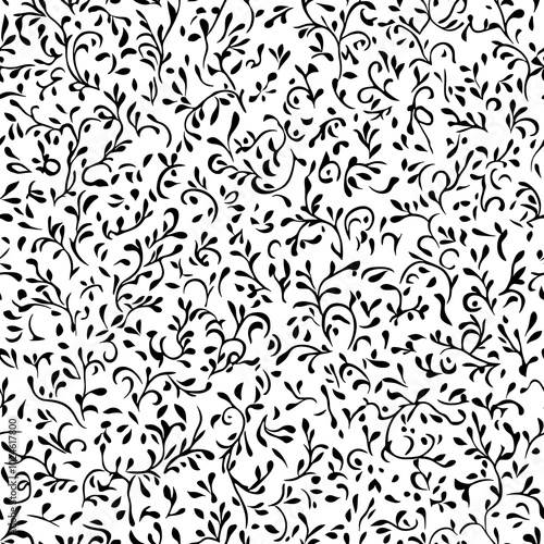 Floral vine pattern in black on a white background with delicate, swirling leaves. AI-generated.