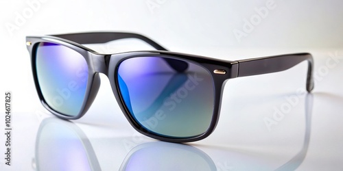 Sleek black sunglasses with mirrored lenses on white table photo