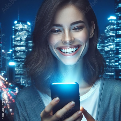 Smiling young woman phone glowing blue against a cityscape backd photo