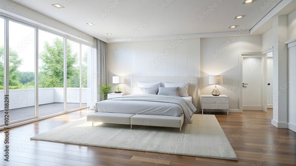 Sleek minimalist white bedroom in spacious house Sleek minimalist white bedroom in spacious house