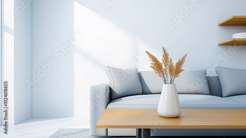 A stylish minimalist living room with grey toned accents, sleek shelving, and a neutral palette bathed in soft light photo