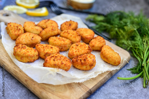 Crispy deep fried chicken popcorn nuggets and french fries . Breaded with Cornflakes chicken Breast fillets with chilly peppers and fresh basil on wooden rustic background