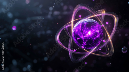 An abstract illustration of an atom with vibrant colors, set against a dark background, showcasing energy and scientific concepts.