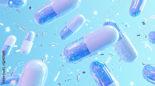 Colorful capsules floating against a vibrant blue background, showcasing the concept of medication and health. Ideal for pharmaceutical, wellness, and healthcare themes. photo