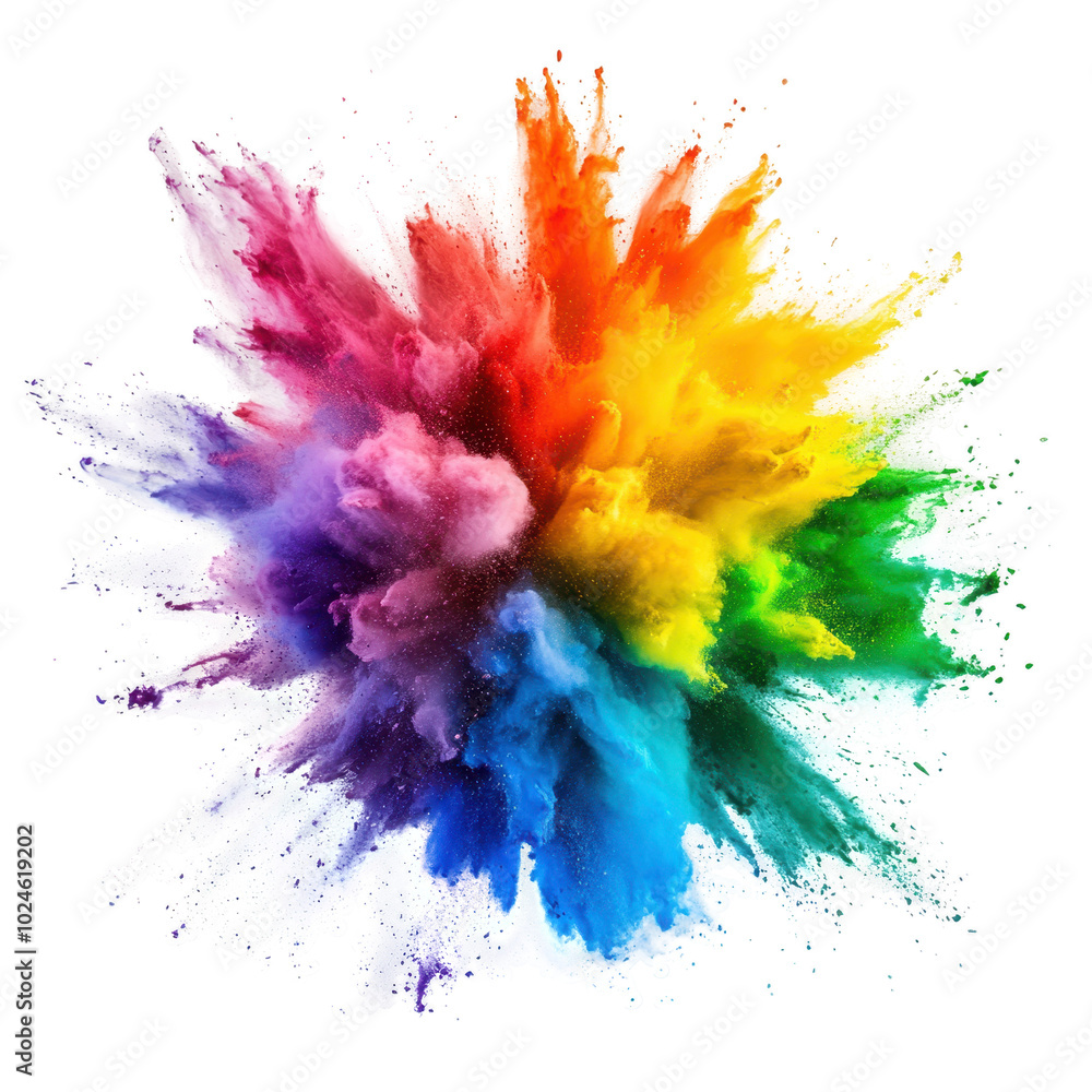 Radiant burst of rainbow colors in mid air, creating vibrant explosion of paint. This dynamic display evokes joy and creativity, perfect for artistic themes Radiant burst of rainbow colors in mid air, creating vibrant explosion of paint. This dynamic display evokes joy and creativity, perfect for artistic themes